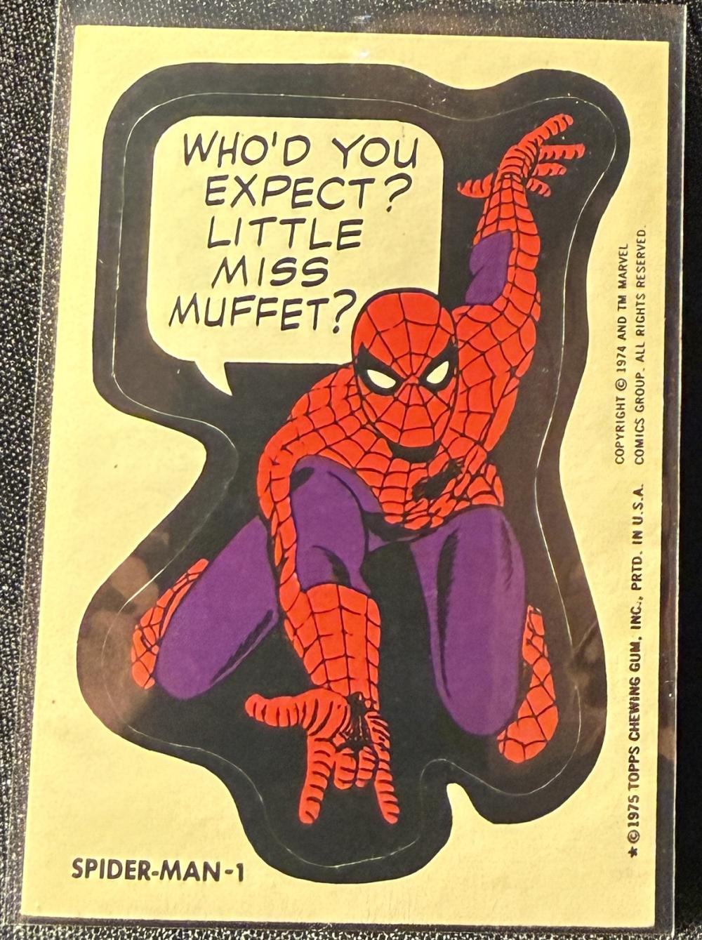 1975 TOPPS MARVEL COMIC BOOK HEROES SPIDERMAN -1 STICKER CARD