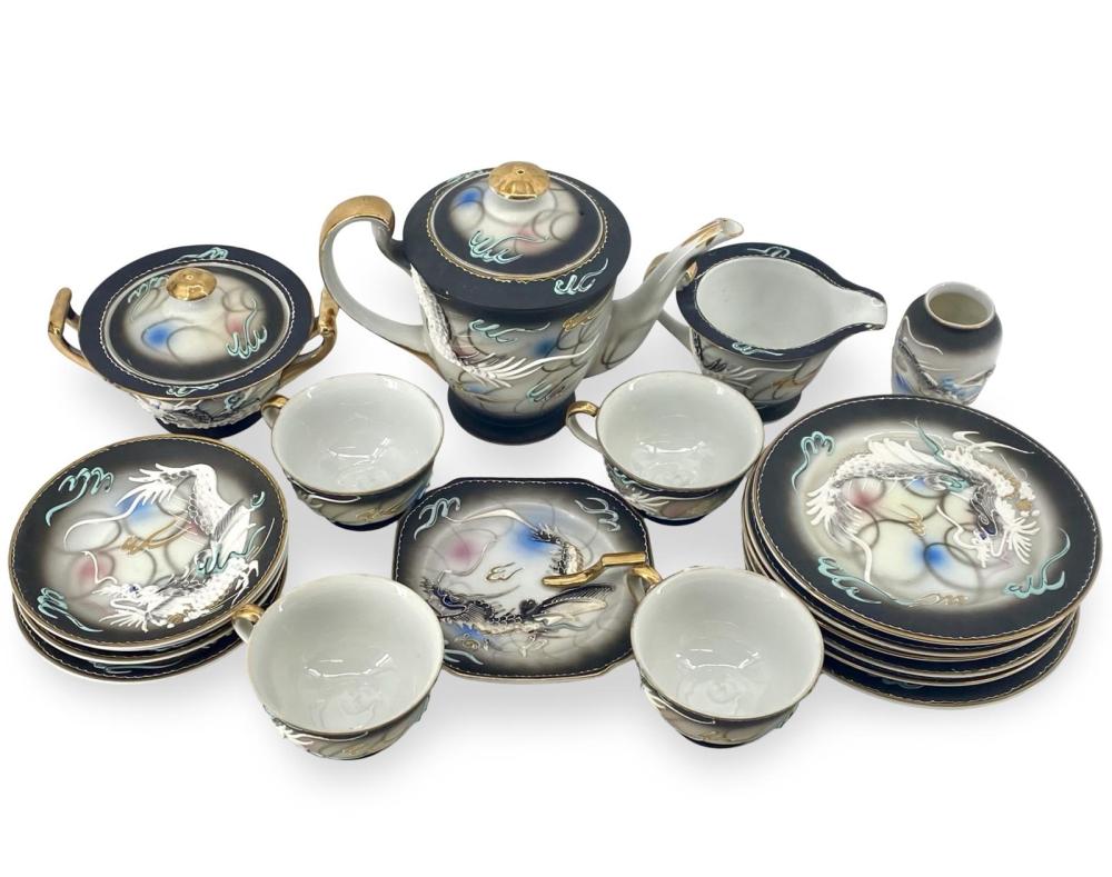 Hand Painted Asian Dragon Design Porcelain Set