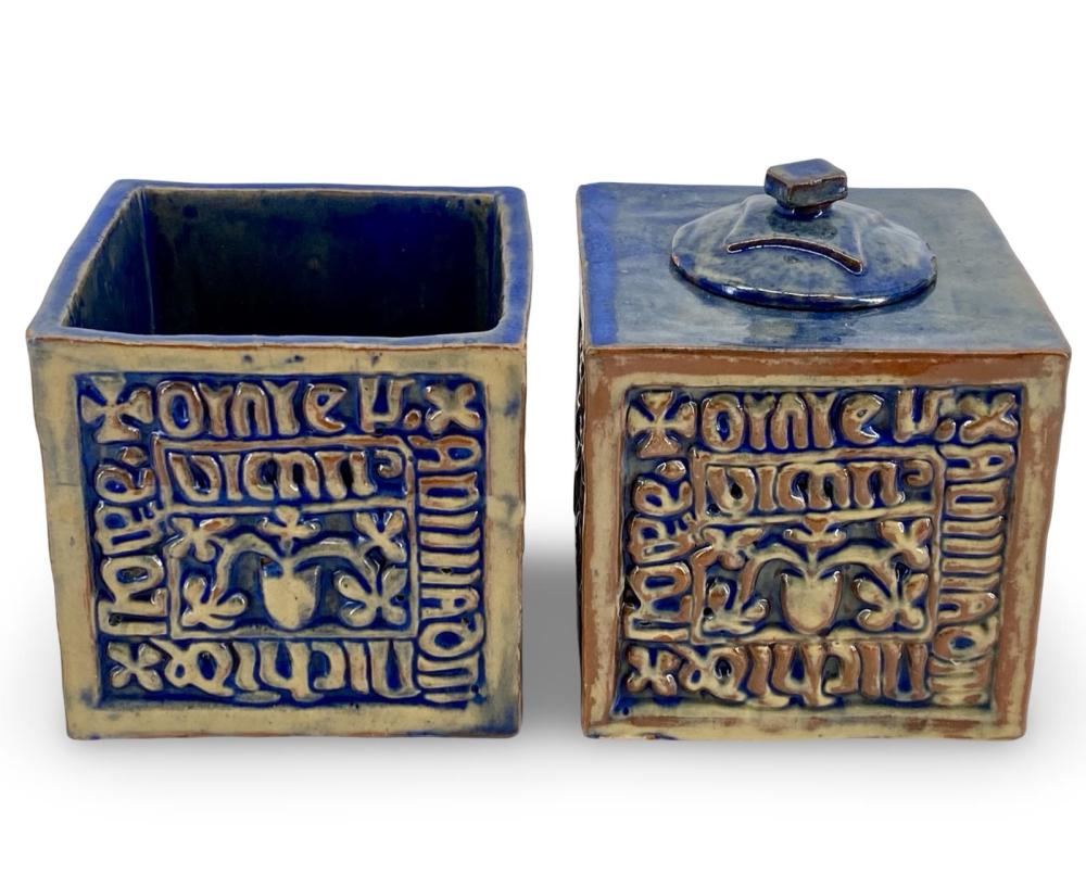 2pc Henry Mercee Tile Inkwell and Brush Pot