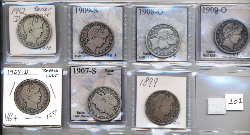 7-Barber Half Dollars 1-1907-D, 1-1907-S, 1-1899, 2-1908-O, 1-1909-S, 1-1912-D
