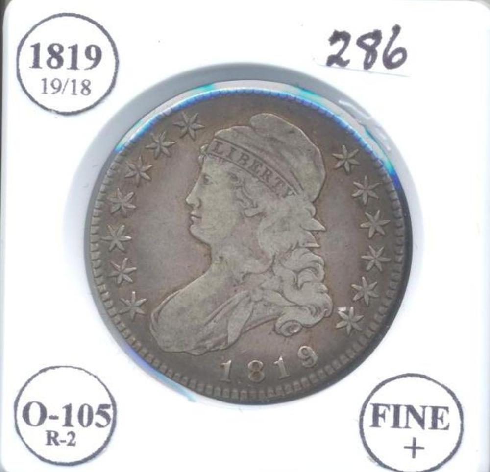 1819 Capped Bust Half Dollar 19/18 0-105 R-2 Fine+
