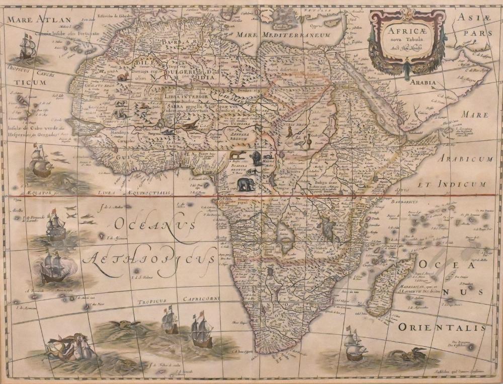 Henricus Hondius (Dutch, 1597–1651) "Africa Nova Tabula" Hand-colored copperplate engraved map of Africa, published in Amsterdam by Johannes Janssonius, circa 1638–1658, after the map by Henricus Hondius Decorative ti...