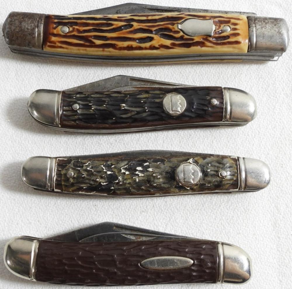 (4) FOLDING KNIFE LOT, JIGGED BONE HANDLES
