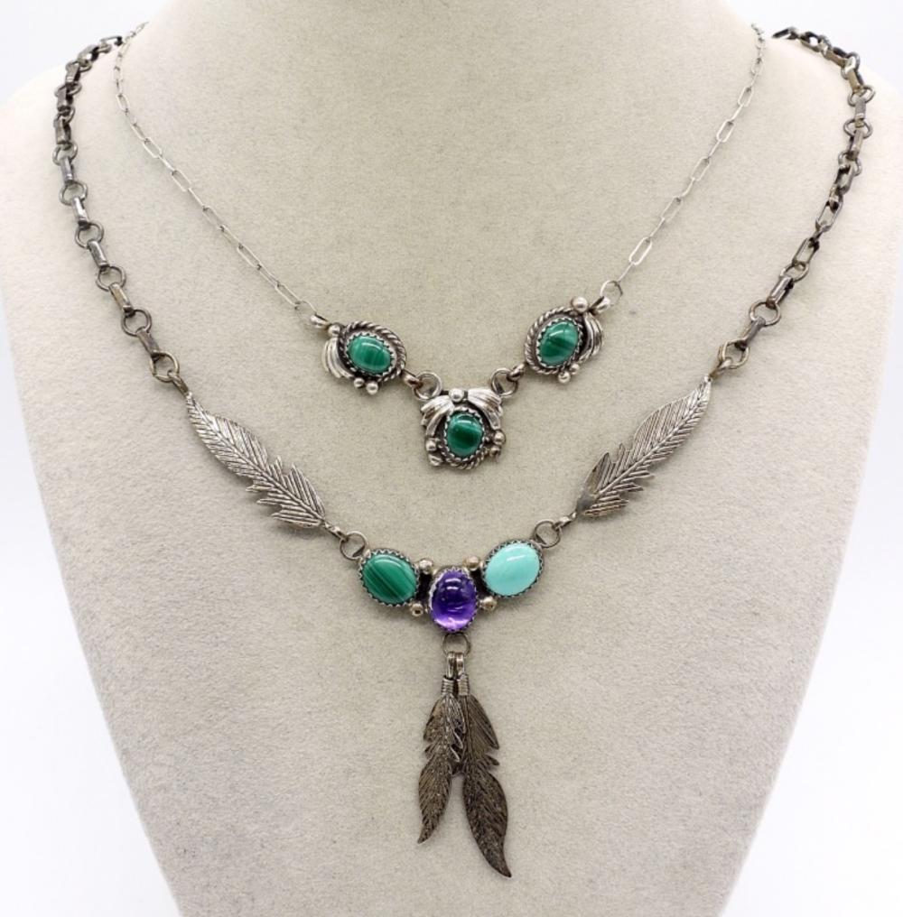 2 NATIVE AMERICAN 925 MALACHITE NECKLACES