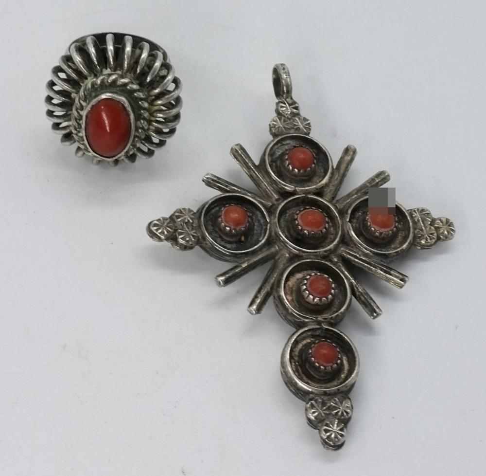 900 SILVER TURQUOISE CORAL CROSS PENDANT & RING