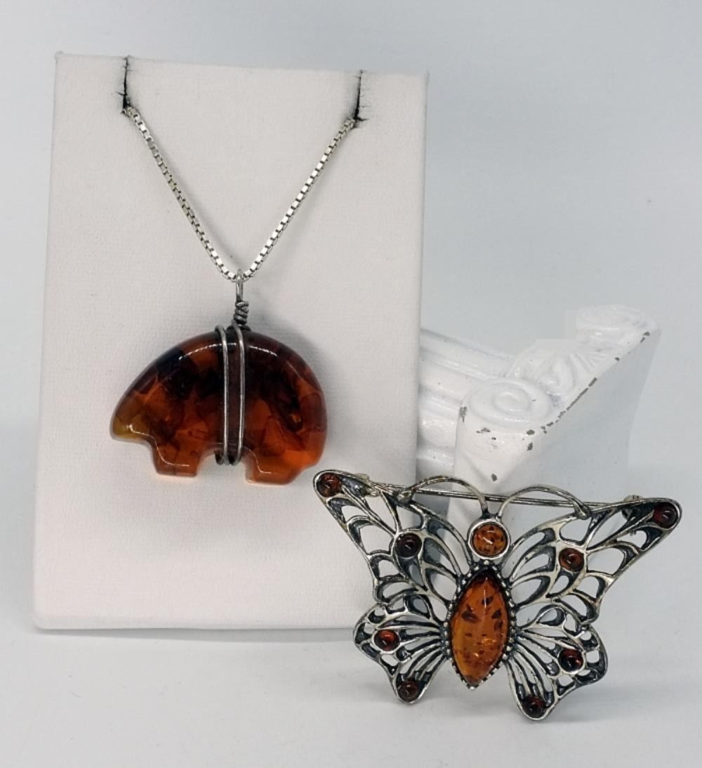 STERLING SILVER AMBER BROOCH & PENDANT NECKLACE