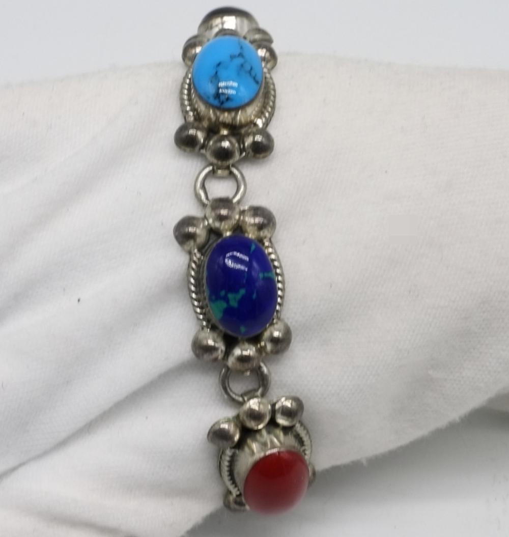 STERLING SILVER TAXCO BRACELET, 6 GEMSTONES