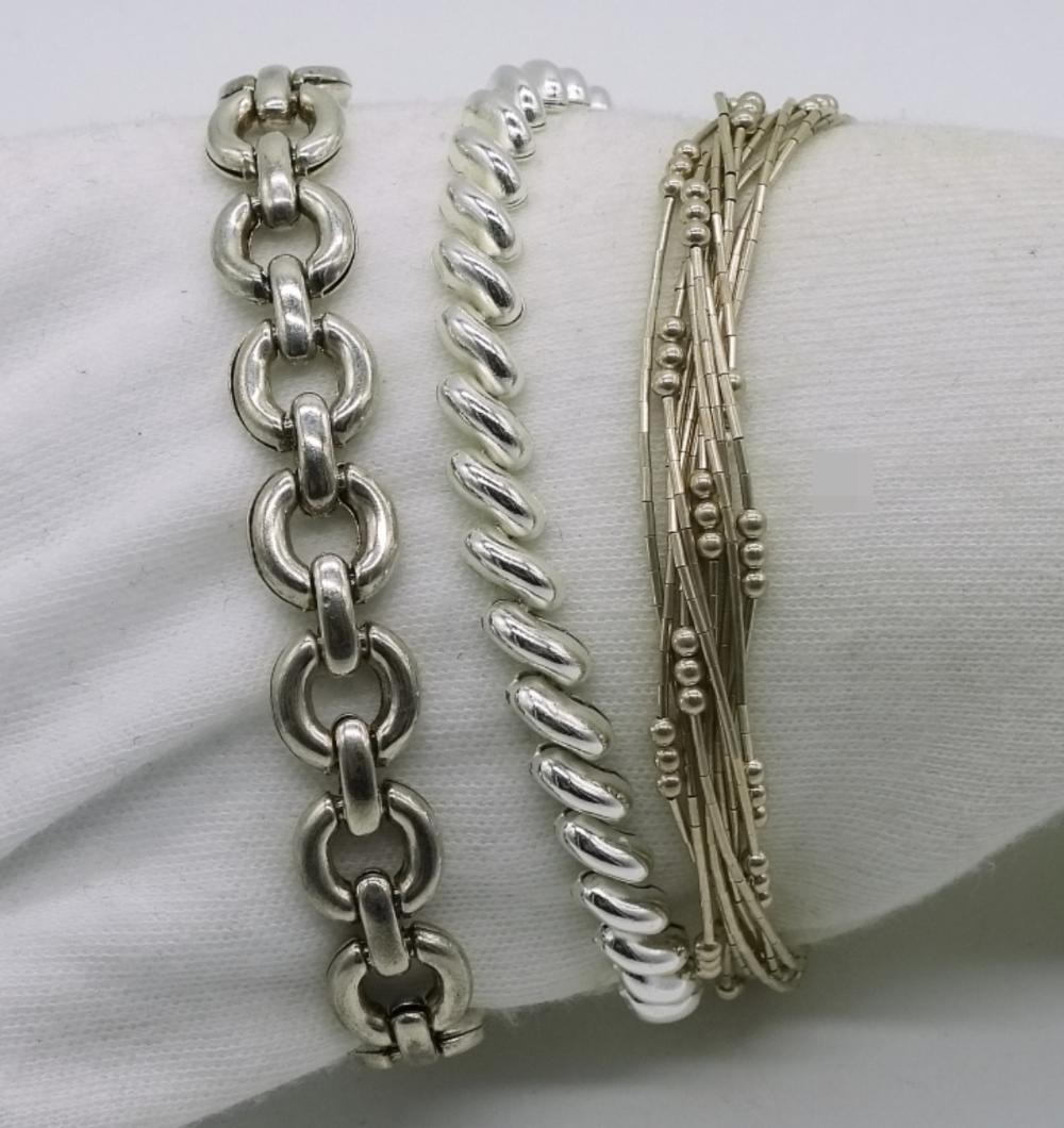 THREE STERLING SILVER BRACELETS, 7" EACH
