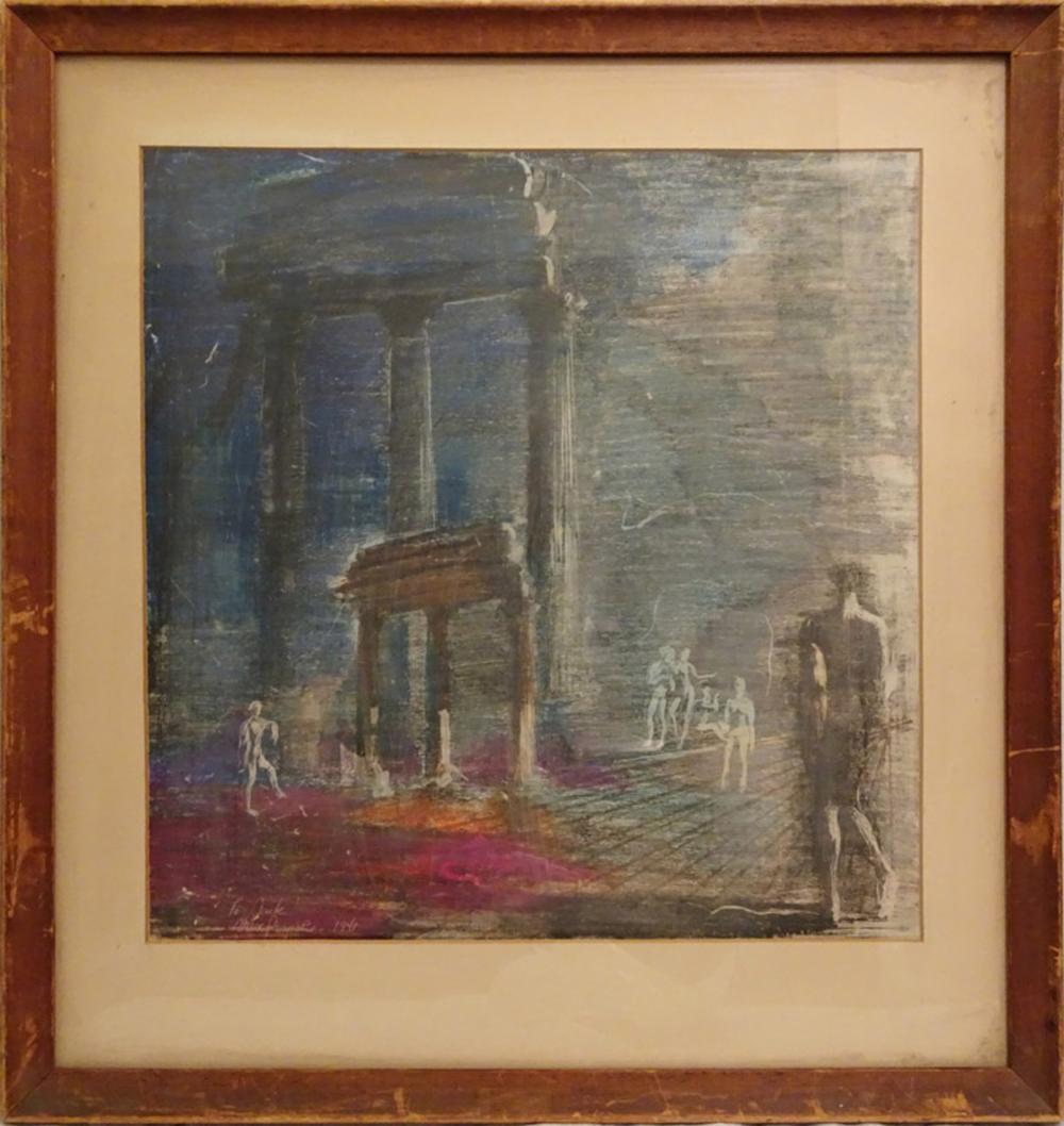 Mark Perper, Figures with Columns, Pastel and Charcoal Drawing