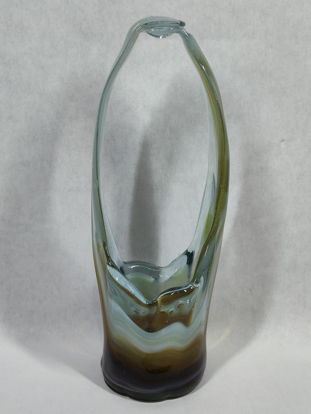 Mid-Century Modern Hand-Blown Swirl Art Glass Basket Vase in the Style of Murano