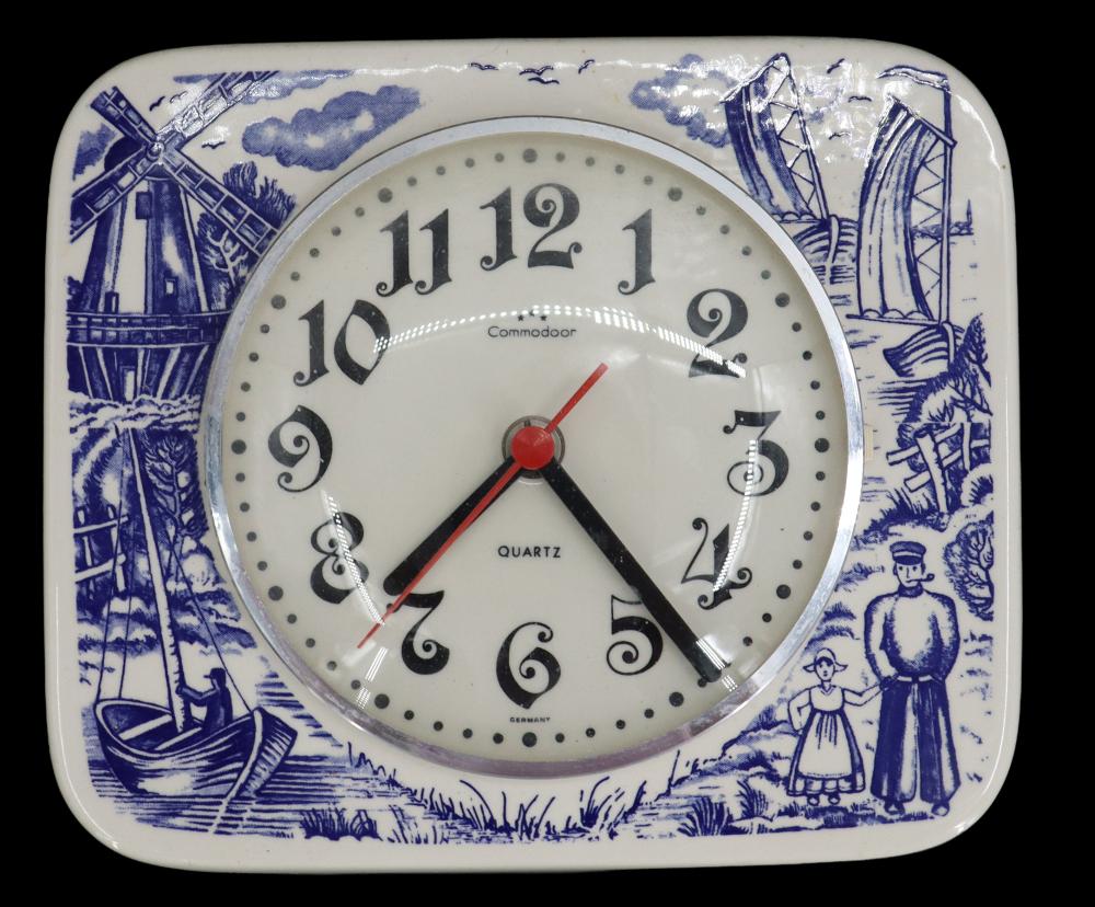 German Commodoor Blue and White Porcelain Wall Clock with Dutch Decorations