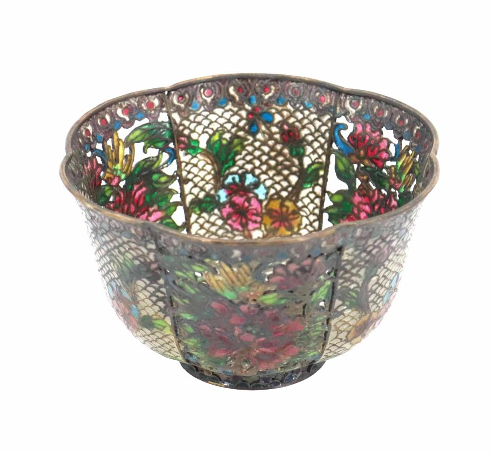 Vintage Chinese Plique-a-Jour Silver Filigree Reticulated Bowl