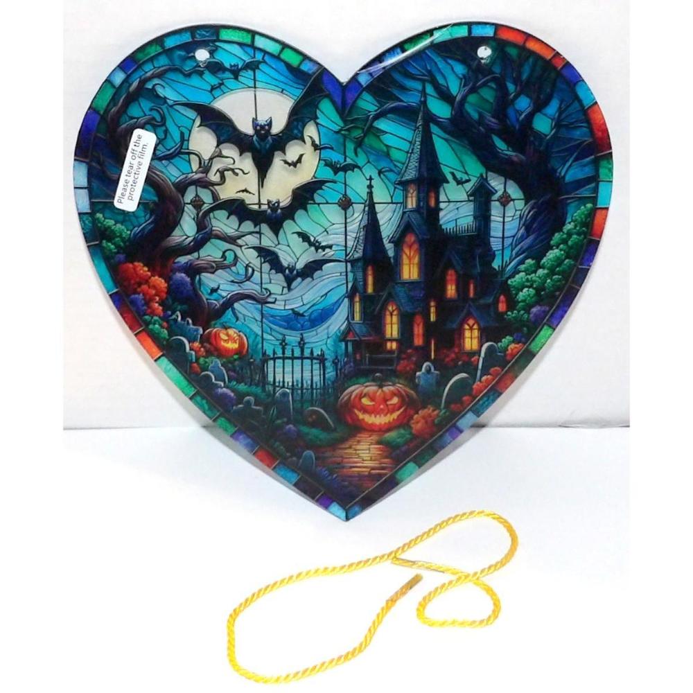2D Flat Acrylic Suncatcher HEART SHAPED HAUNTED HOUSE & BATS HALLOWEEN SUNCATCHER