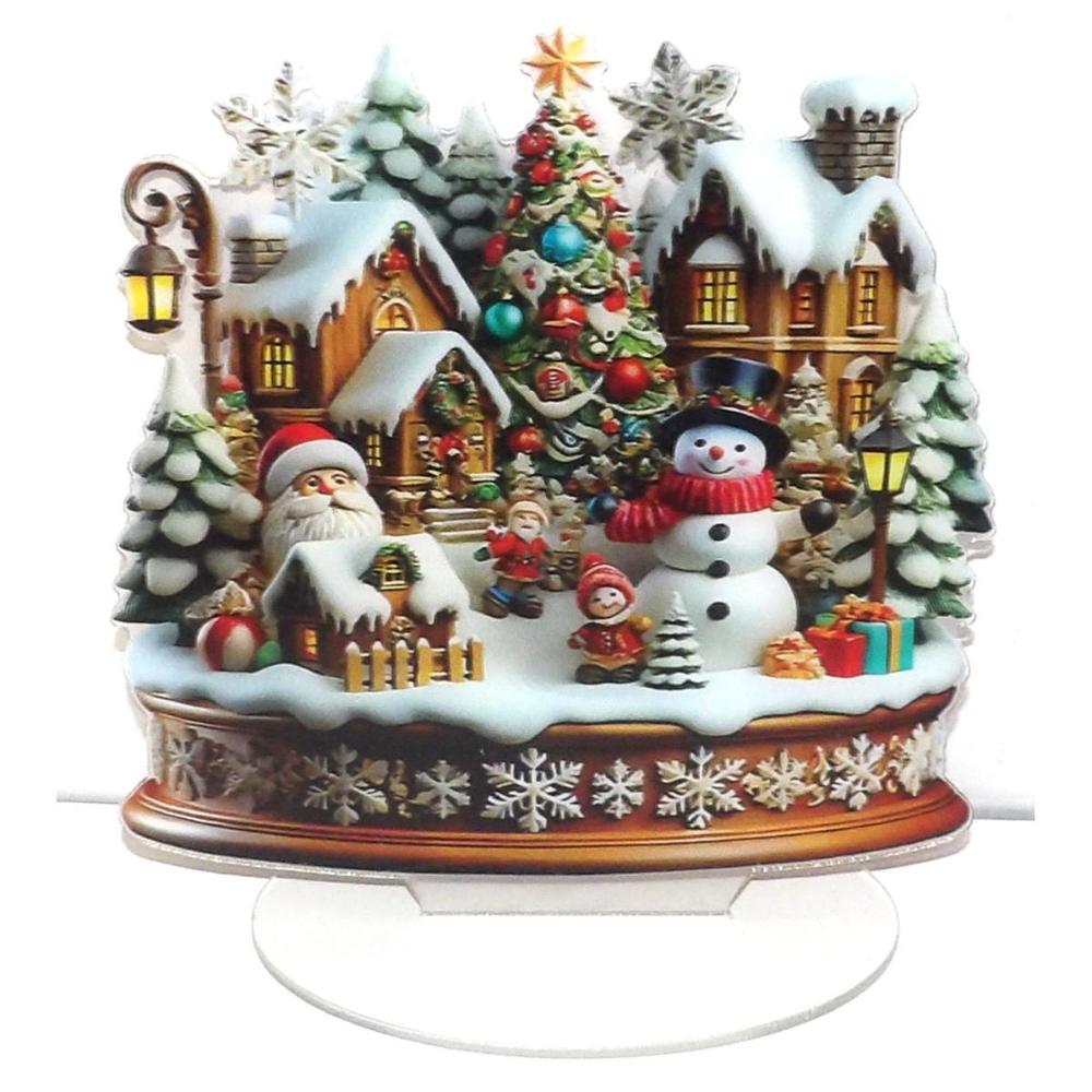 2D Flat Acrylic CHRISTMAS SCENE SANTA & SNOWMAN with stand Home Decor