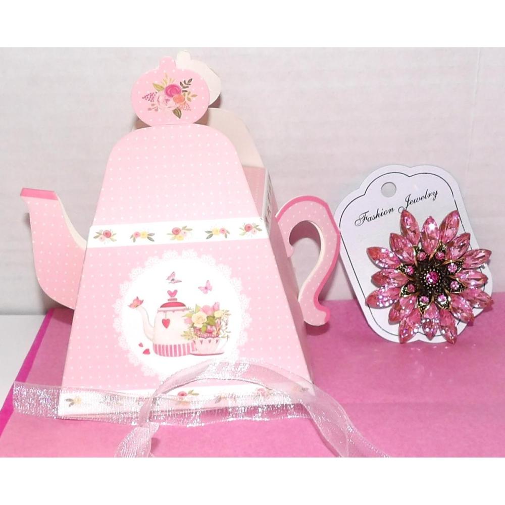 Rhinestone Fashion Jewelry PINK BROOCH PIN Teapot Gift Box