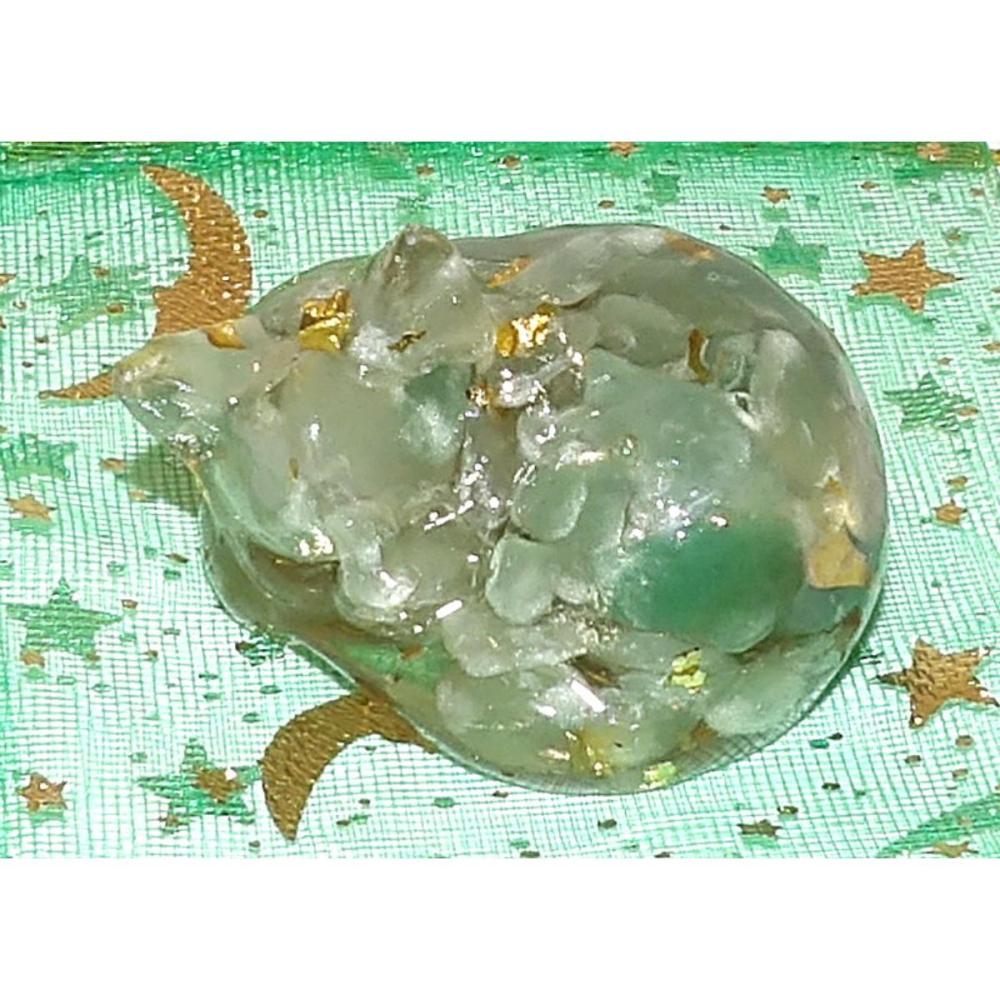 Mini Green Crystal Resin Sleeping CAT FIGURINE with gold flecks