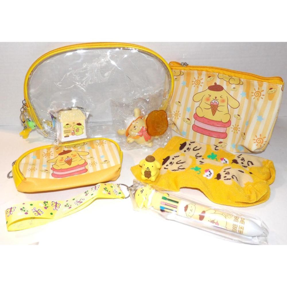 Sanrio POMPOMPURIN 3 piece TRAVEL BAGS SET PEN SICKS FIGURINE Mixed Lot