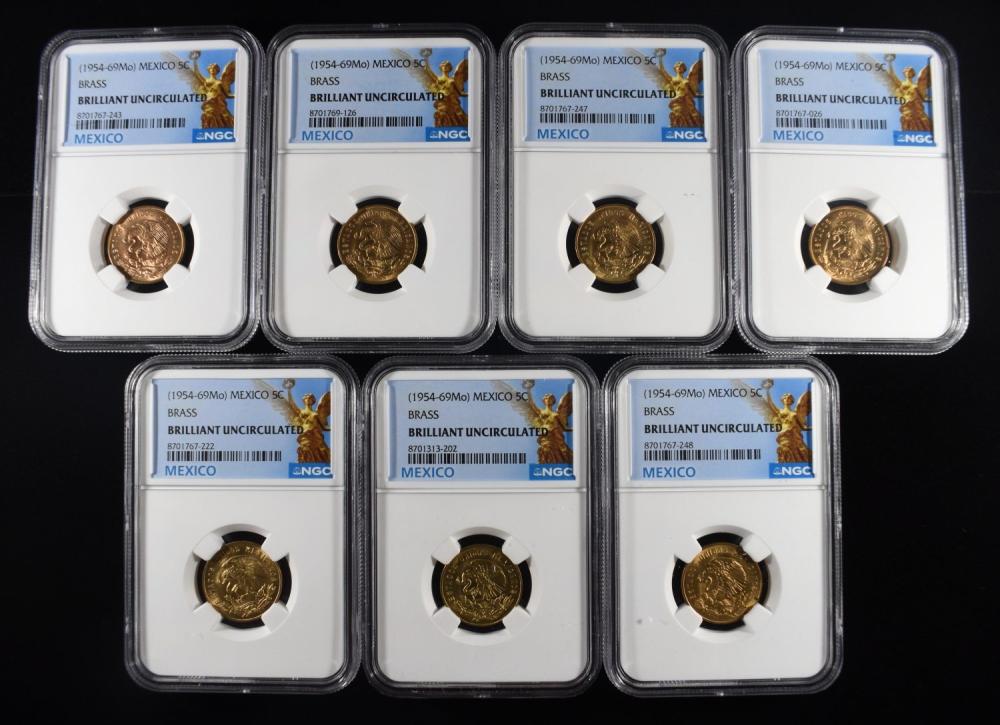 (7) 1954-69 MO MEXICO 5C BRASS NCG BRILLIANT UNC