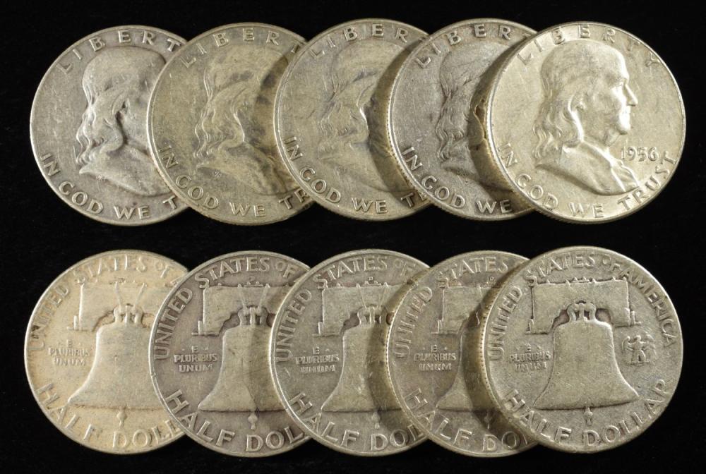 (10) 90% SILVER FRANKLIN HALF DOLLARS