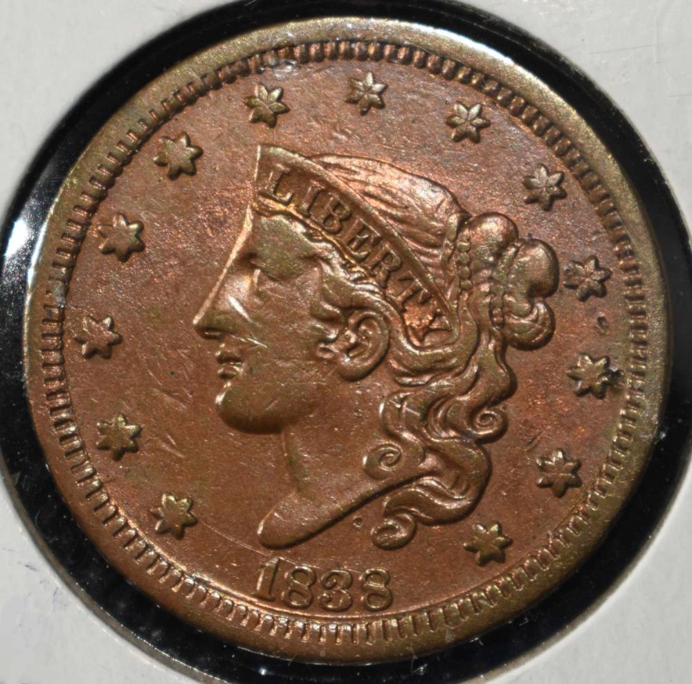 1838 CORONET HEAD LARGE CENT XF/AU