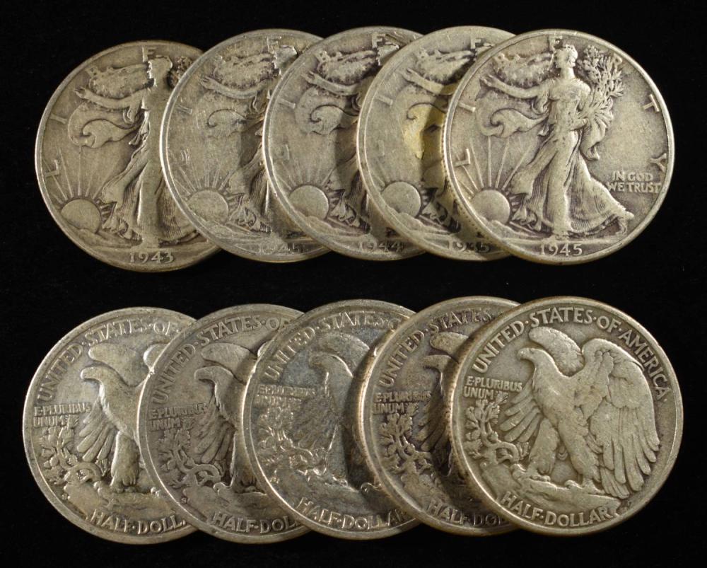 (10) 90% SILVER WALKING LIBERTY HALF DOLLARS