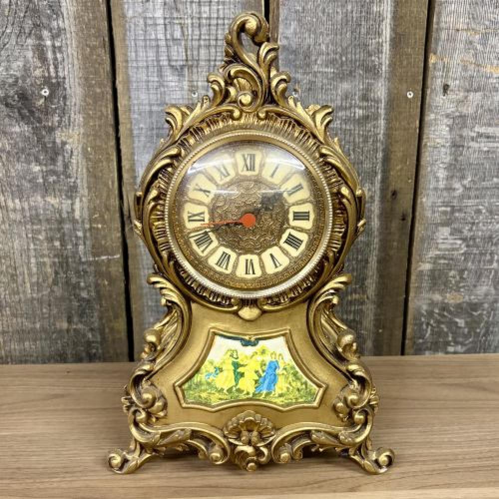 Vintage Rococo Revival Style Gold-Toned Mantel Clock with Pastoral Scene 4.5"X10"X14.5"