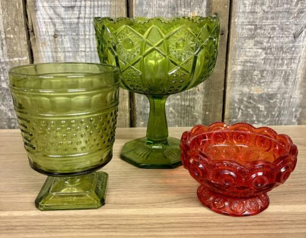 A Trio of Vintage American Pressed Glass Items Including Indiana Glass and L.E. Smith Patterns 6"X8"