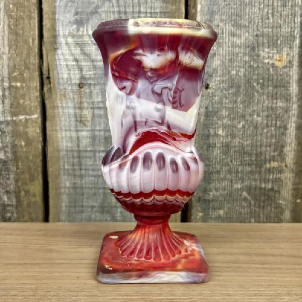 Red Slag Glass Pedestal Vase with Classical Figures in the Style of Imperial Glass 4"X4"X9"