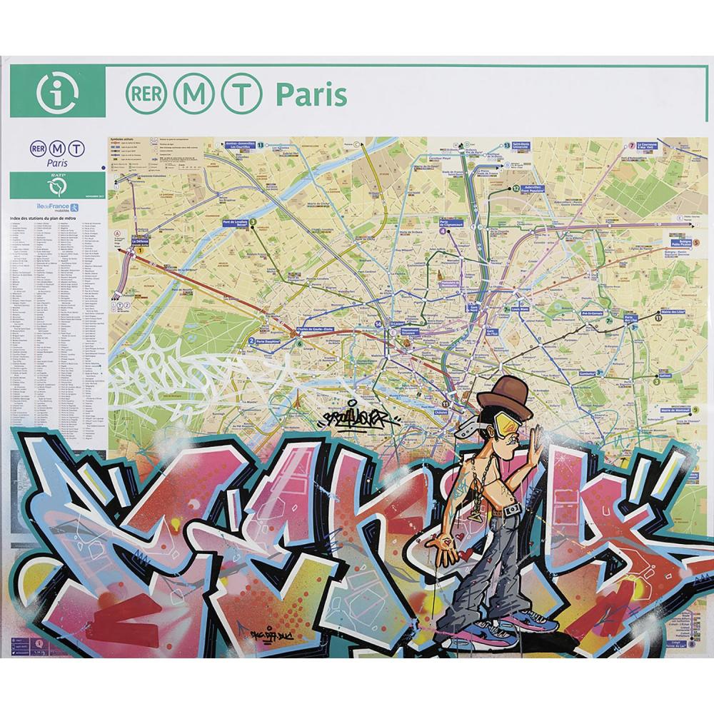 ZENOY (né en 1974) SANS TITRE, 2019 Peinture aérosol et marqueur sur plan de métro de Paris Signé Spray paint and marker on...