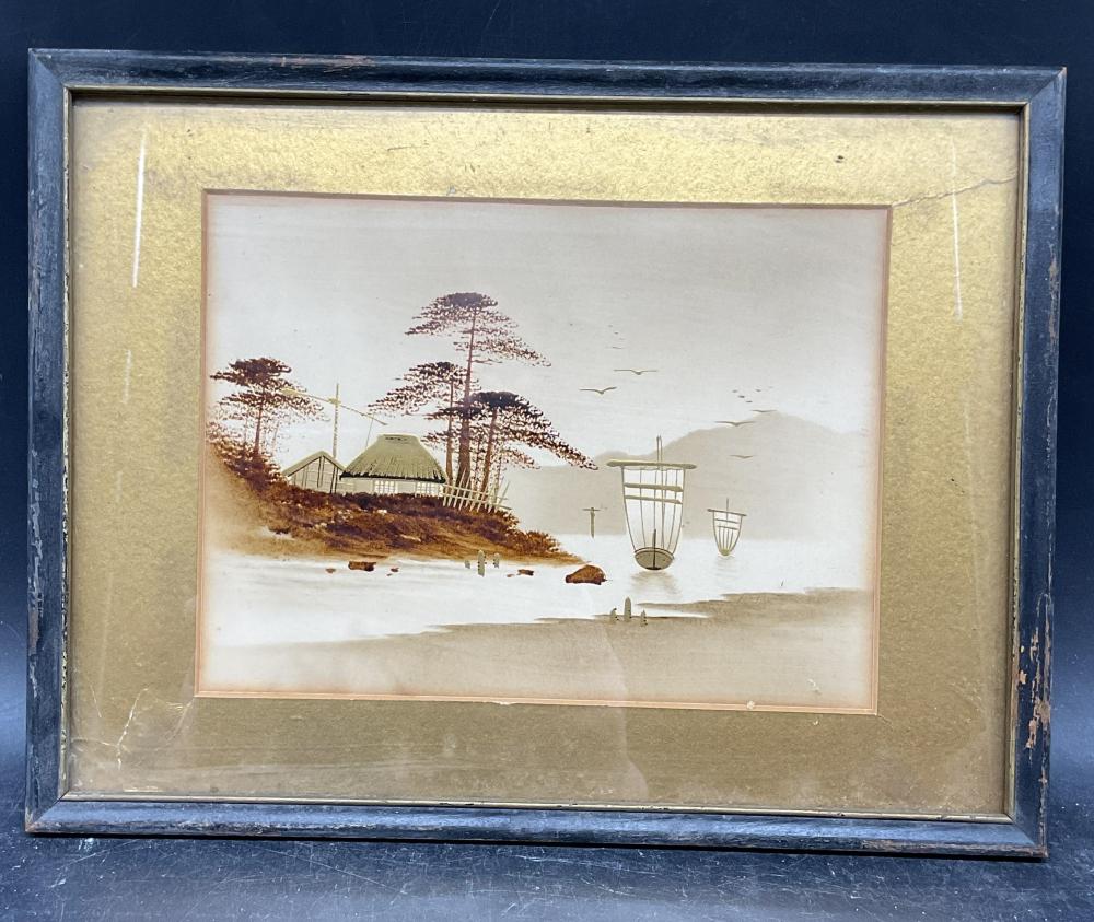 Framed Japanese Scenic Landscape Gilt Watercolor