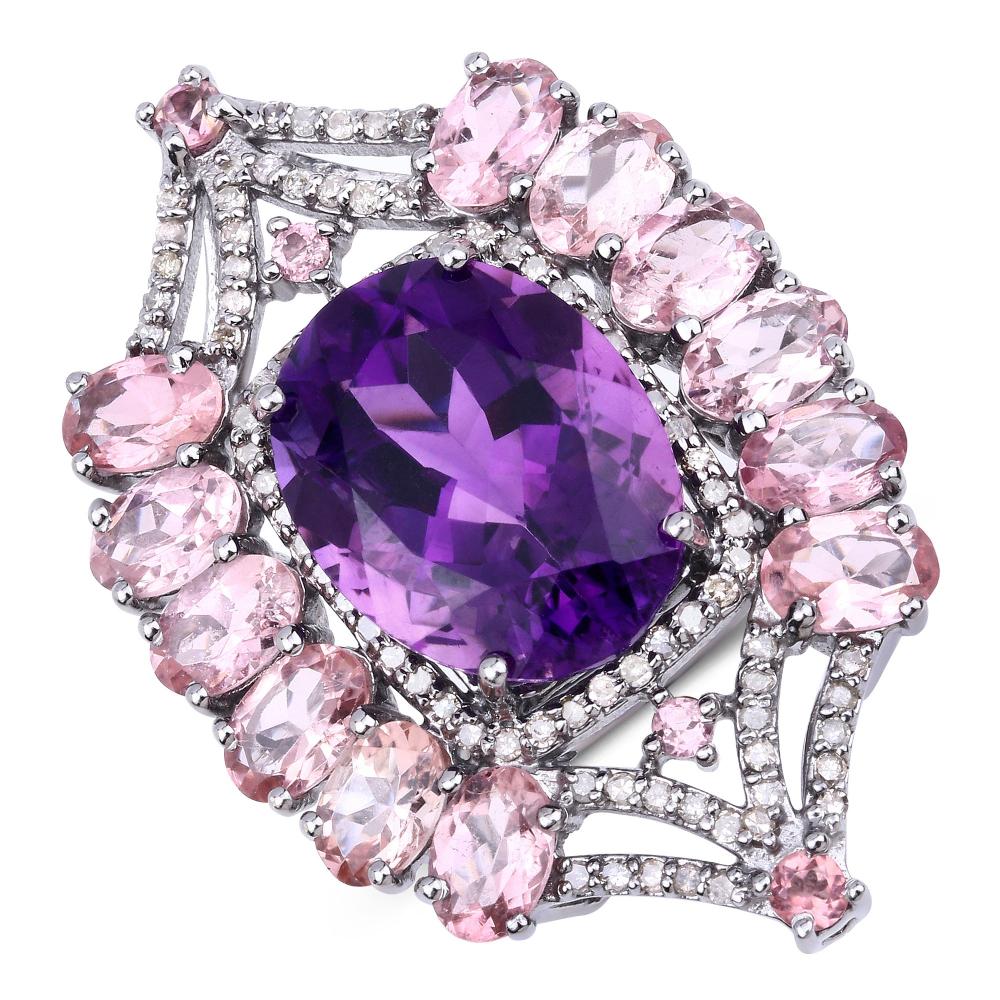 Tourmaline, Amethyst & Diamond Ring 925