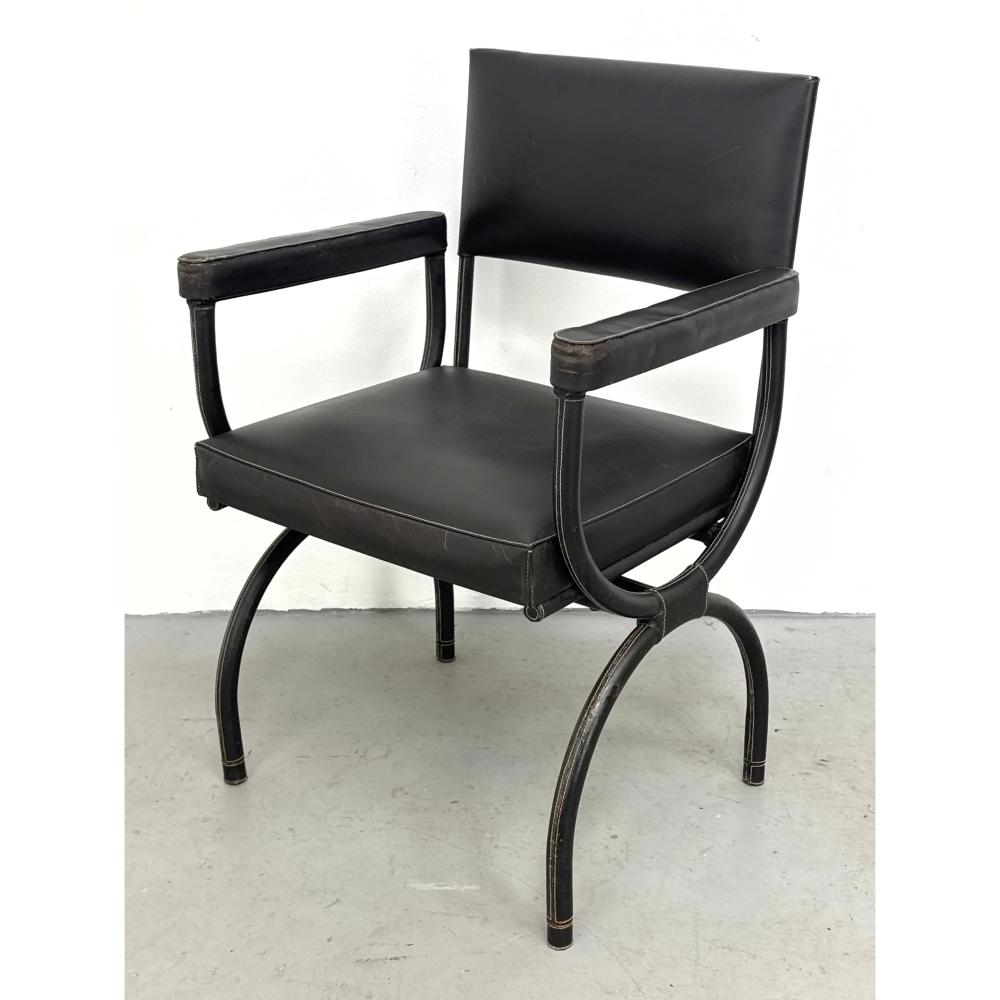 ERIC BRAND LEATHER WRAPPED CURULE ARMCHAIR IN THE STYLE OF JACQUES ADNET