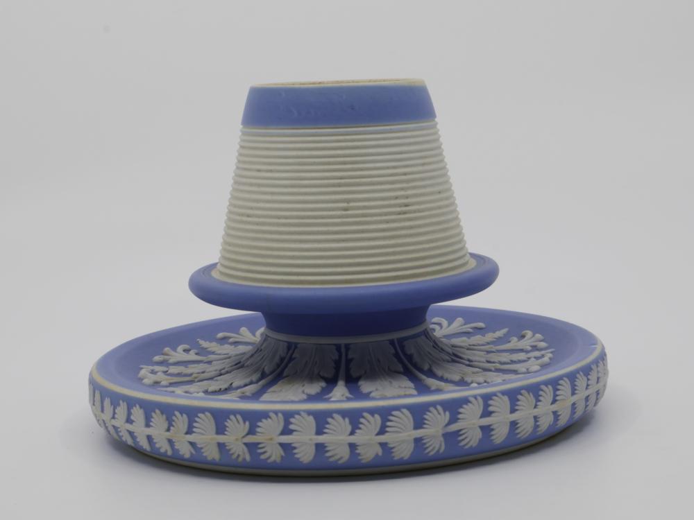 WEDGWOOD JASPERWARE WHITE ON PALE BLUE MATCH STRIKER WITH FOLIATE DECORATION, IMPRESSED MARK TO BASE, NOTE TWO FLEABITE CHIPS TO BASE RIM