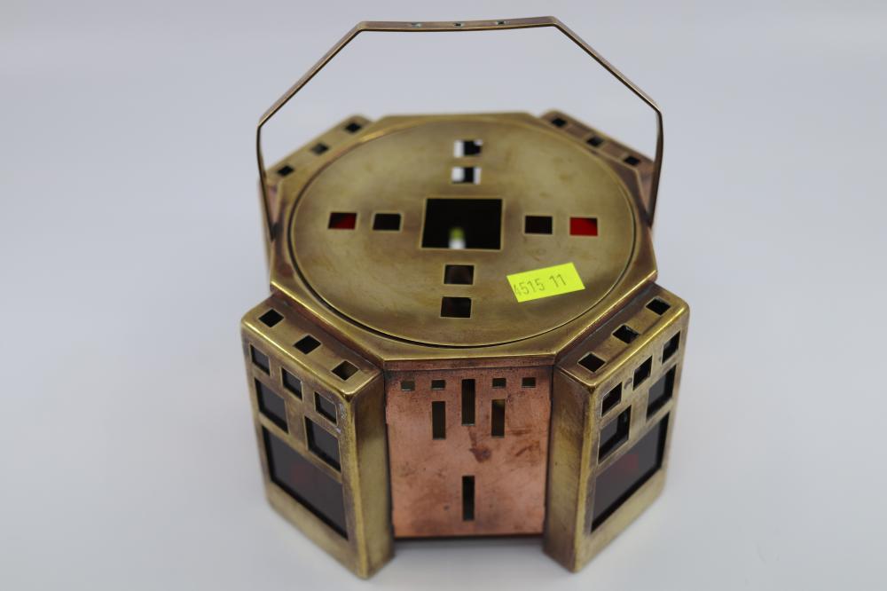 ART & CRAFTS BRASS WARMER WITH RED INSERTS MARKED NSW TC APPLETON BRISBANE