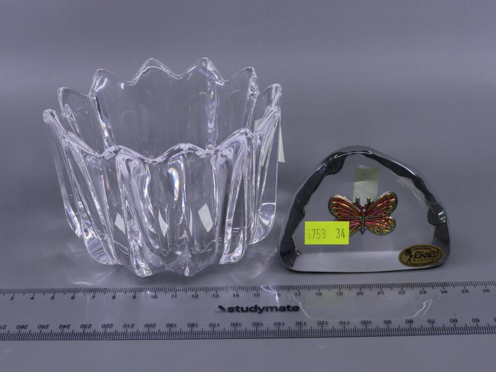 SIGNED ORREFORS CRYSTAL BOWL + RIKARO BUTTERFLY PAPER WEIGHT