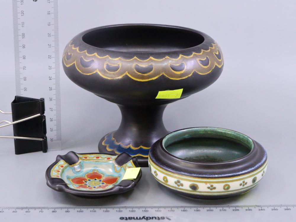 THREE PIECES OF GOUDA POTTERY HOLLAND, INCLUDED A COMPORT, DISH AND ASHTRAY