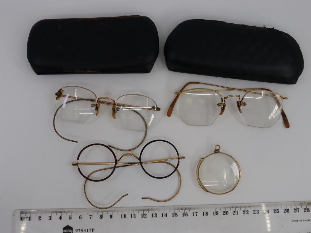 3 OLD PAIRS OF SPECTACLES, 2 CASES & A SINGLE LENSES THAT CLIPS ONTO PROBABLY SUNGLASSES?