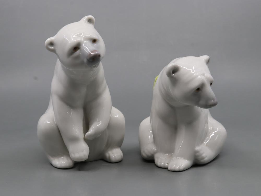 TWO LLADRO POLAR BEAR SEATED FIGURES, STAMPED TO BASE