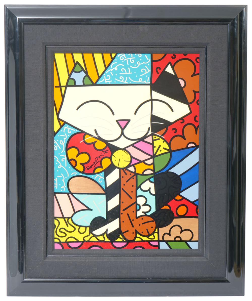 Romero Britto 'Miami Cat' Signed Painting