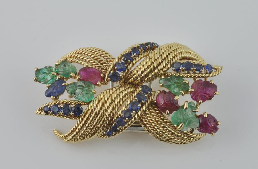 David Webb Ruby, Emerald & Sapphire Brooch