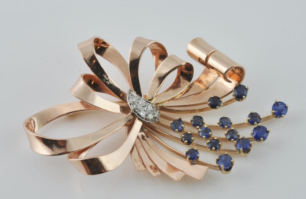 Large Retro Rose Gold, Sapphire & Diamond Brooch