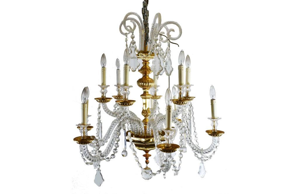 BAROQUE STYLE GILT BRONZE & GLASS TWELVE-LIGHT CHANDELIER