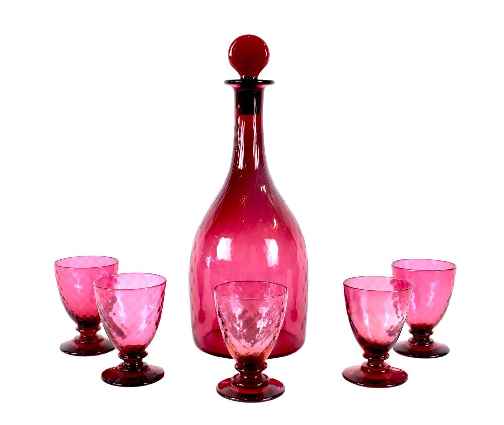 PAIRPOINT SIX-PIECE CRANBERRY GLASS LIQUEUR SET