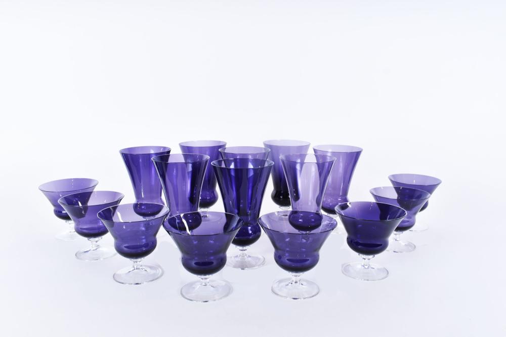 SIXTEEN AMYTHEST GLASS GOBLETS AND WINES