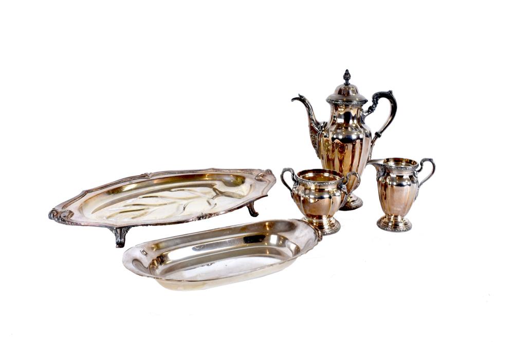 TWO SILVER PLATE TRAYS & SILVER PLATE TEA SERVICE