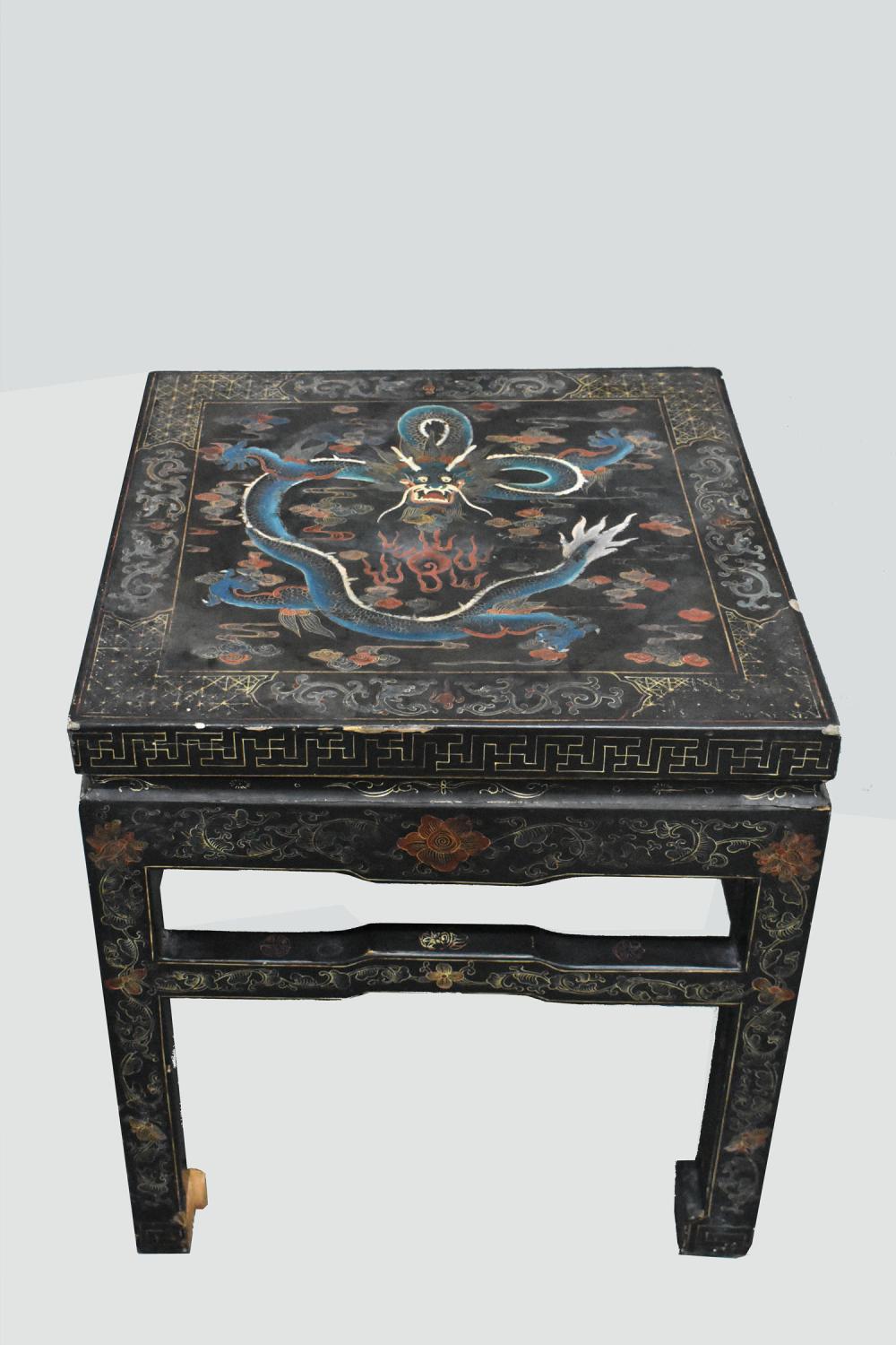 CHINESE POLYCHROMED BLACK LACQUER DRAGON LOW TABLE