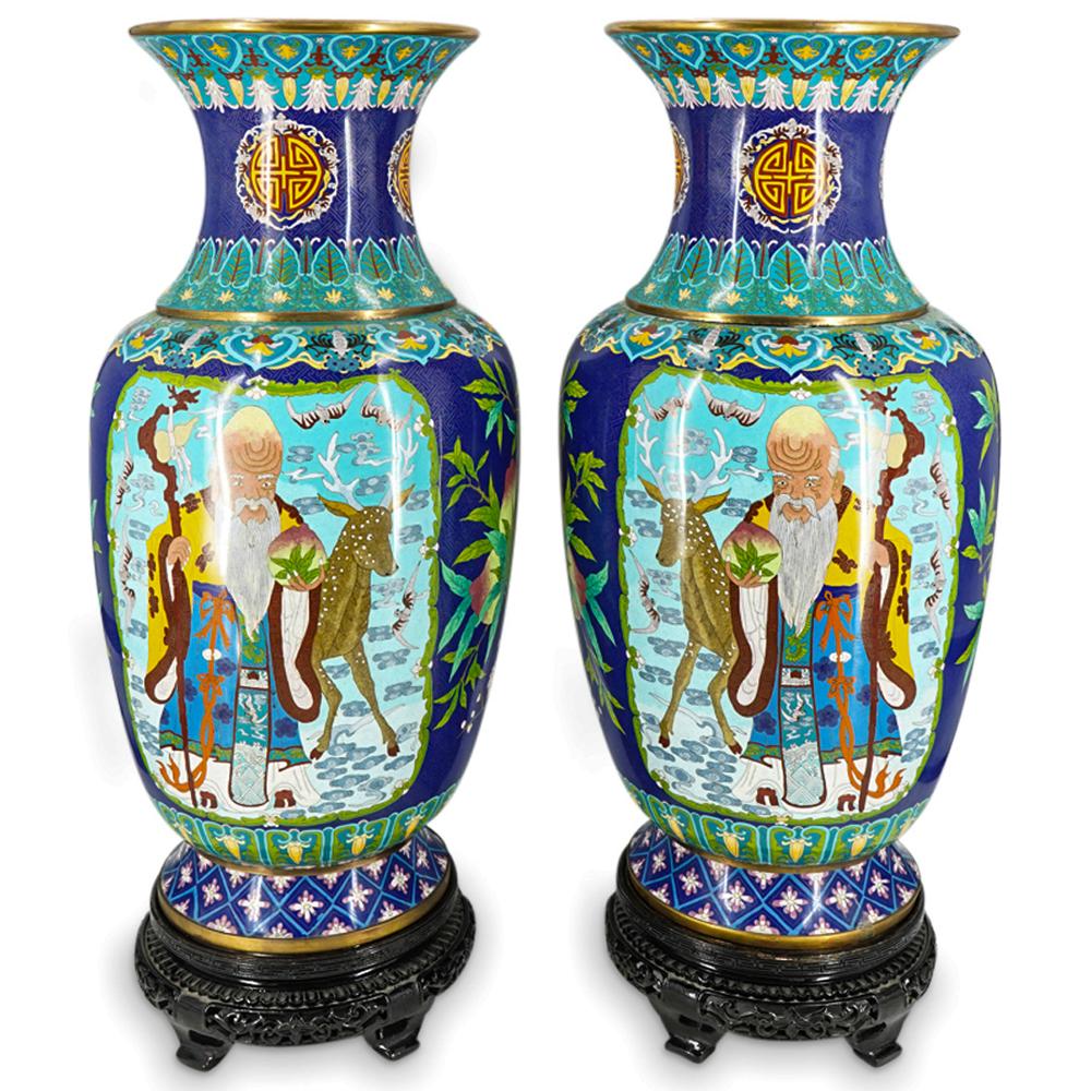 (2 Pc) Chinese Oversize Enamel Cloisonne Vases
