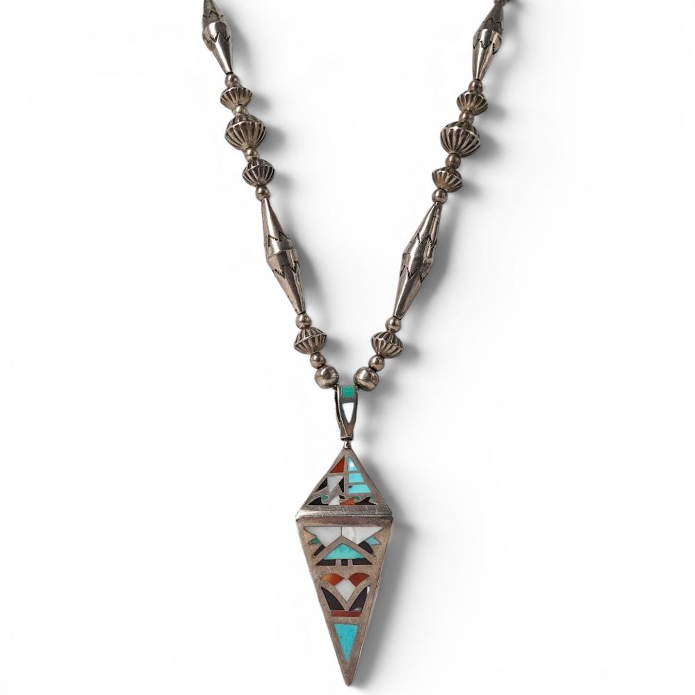 A Southwest sterling silver and multistone inlay pendant bead necklace