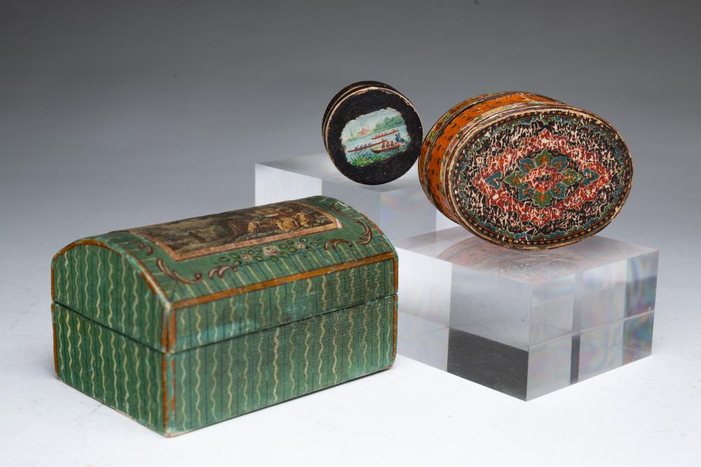 THREE DIMINUTIVE AMERICAN DECORATED BOXES.