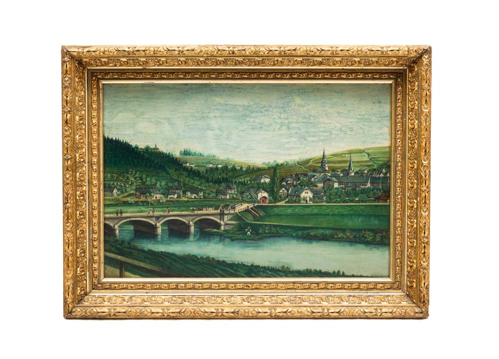 RIVER AND VILLAGE SCENE.
